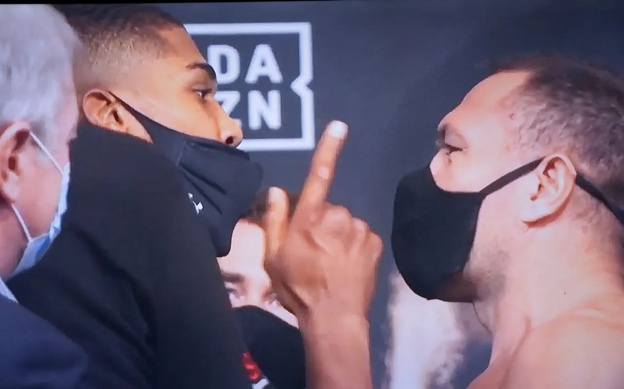 Screen grabs of Anthony Joshua vs Kubrat Pulev weigh in 2020