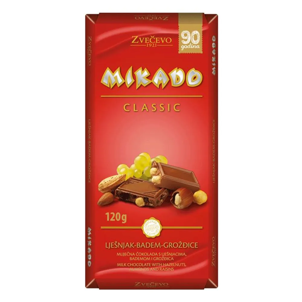 Mikado čokolada lješnjak / badem grožđice 120 g