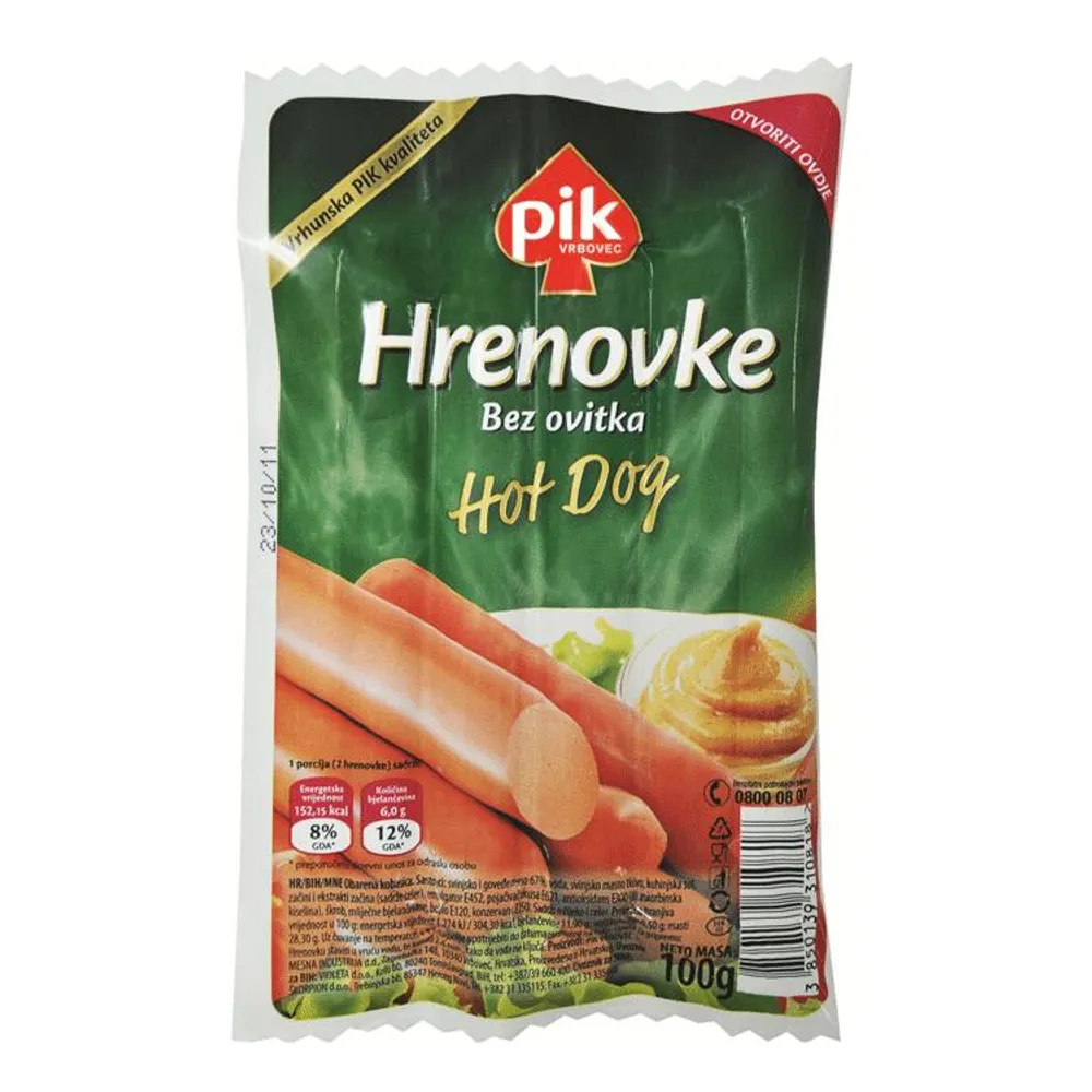 Hrenovke bez ovitka 100 g Pik