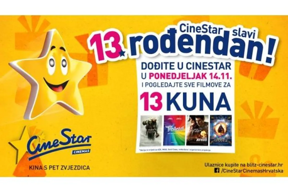 Povodom 13. rođendana Cinestar časti svoje filmoljupce ulaznicama za samo 13 kuna!