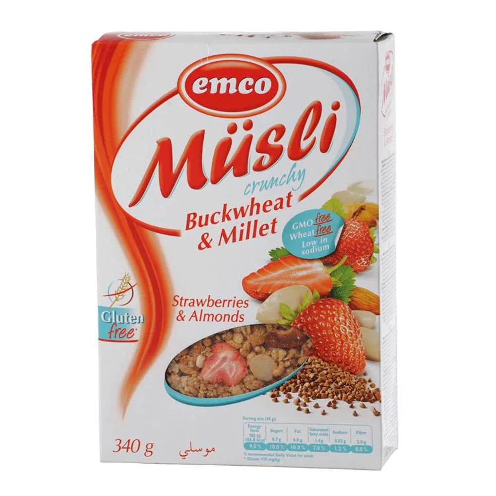 Emco musli heljda i proso sa jagodama i bademima 340g bez glutena Atlantic