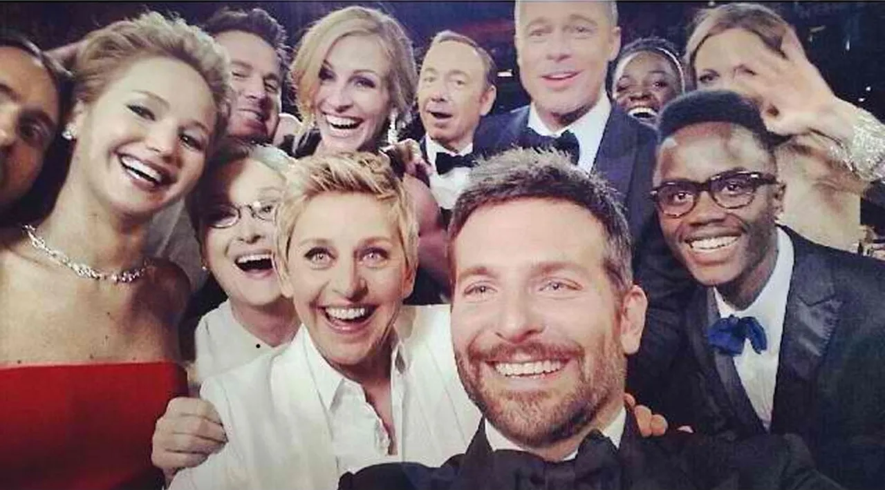 Oscar host Ellen DeGeneres gets Hollywood's A-list stars to all take a selfie together.