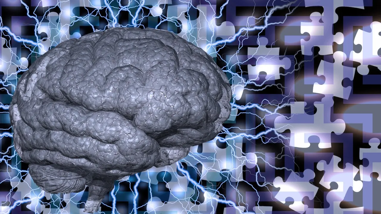 Human brain with electric charges on puzzle background